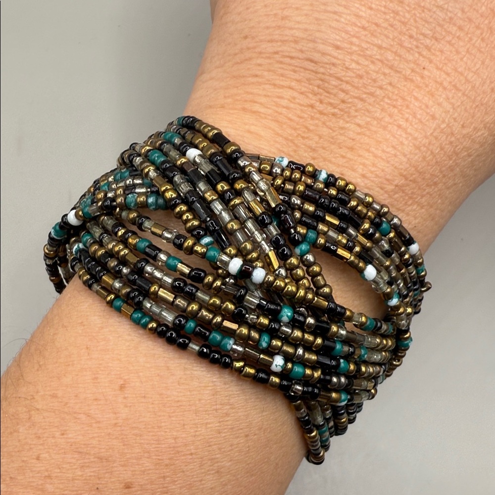 Vintage Native American Style Brown Green Seed Beaded Braided Cuff Bracelet